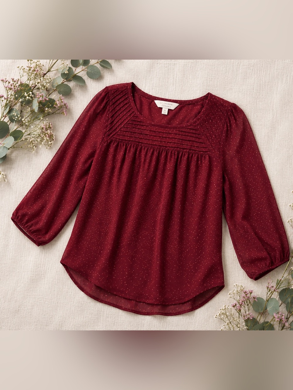 LC Lauren Conrad Burgundy Sheer Blouse | Pintuck Detail | Romantic Boho Top |